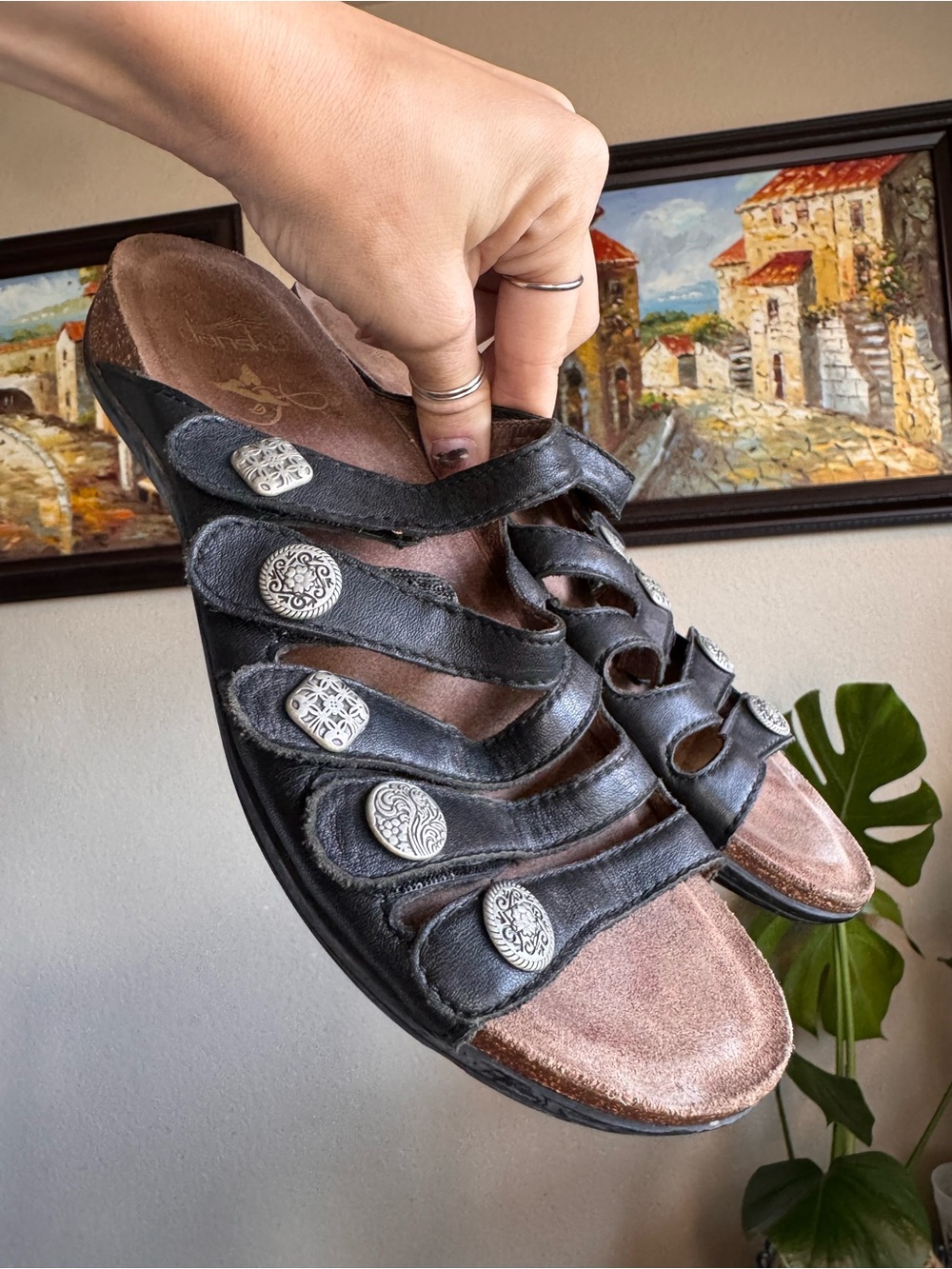 Dansko Leather Janie Sandals 39 Black Silver Hardware